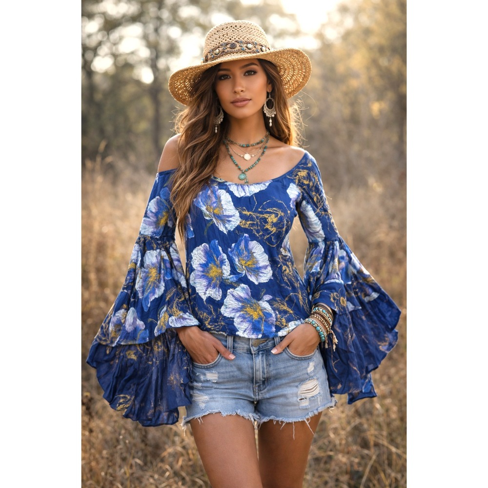 Free People Royal Blue Floral Off-Shoulder Bell Sleeve Top